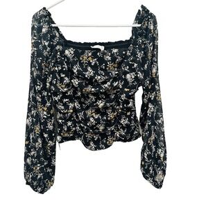 All In Favor Black Floral Ruched Square Neck Ruffled Daisies Cottage Boho Large‎